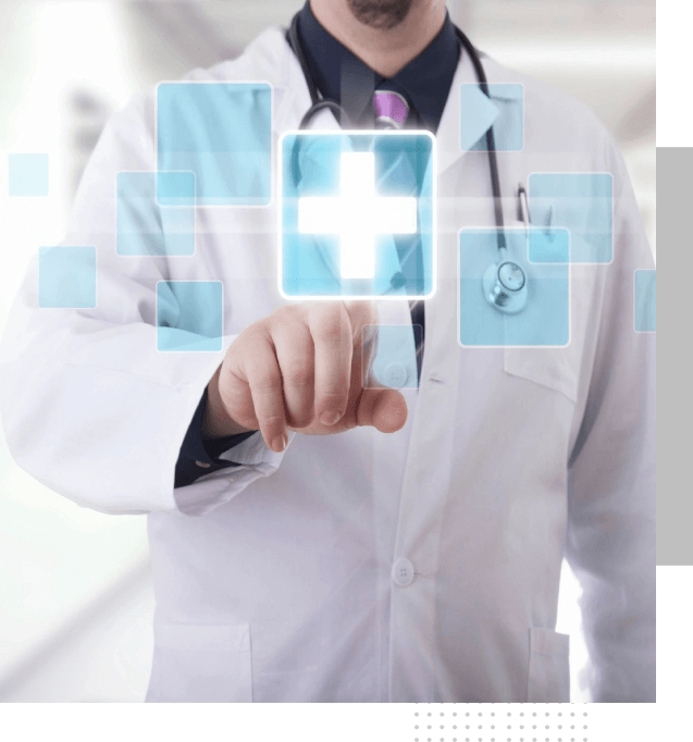 Male doctor working on a futuristic touchscreen display